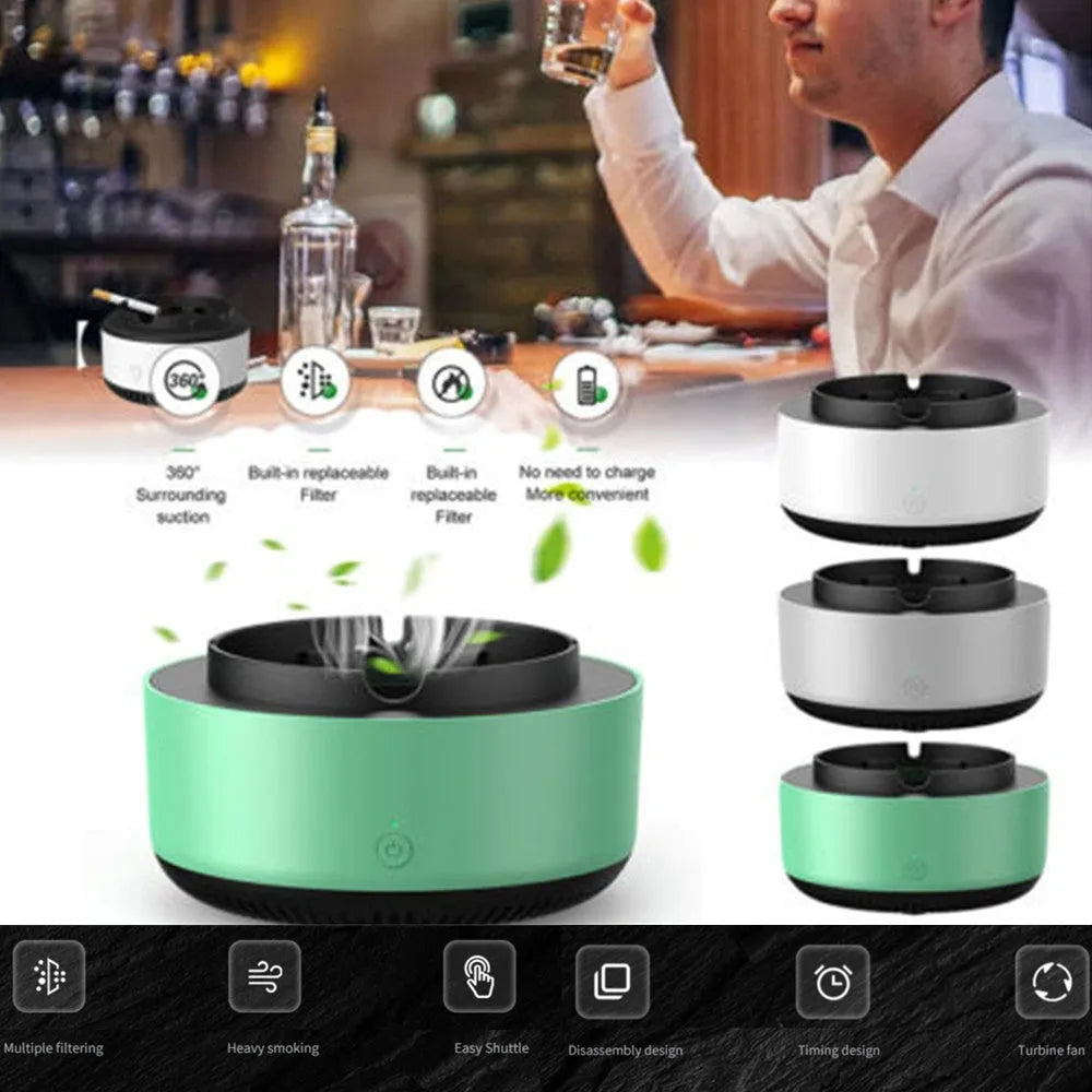 Smoke removal air purification ashtray with negative ion feature and compact design