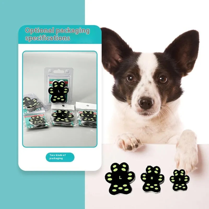 Clear pack of eight beige silicone cloth claw protection pads for dogs, labelled S or M size.
