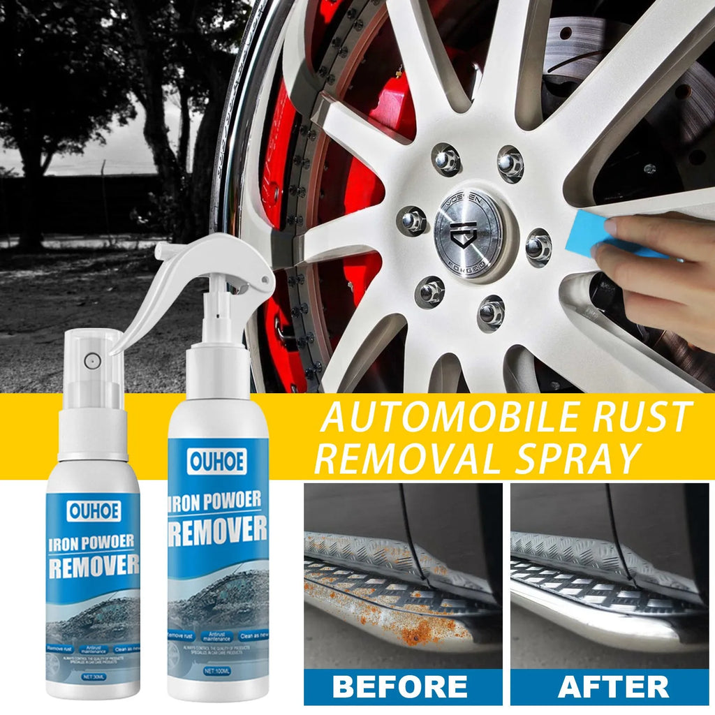 Automotive rust remover spray bottle and blue square sponge for car body corrosion treatment