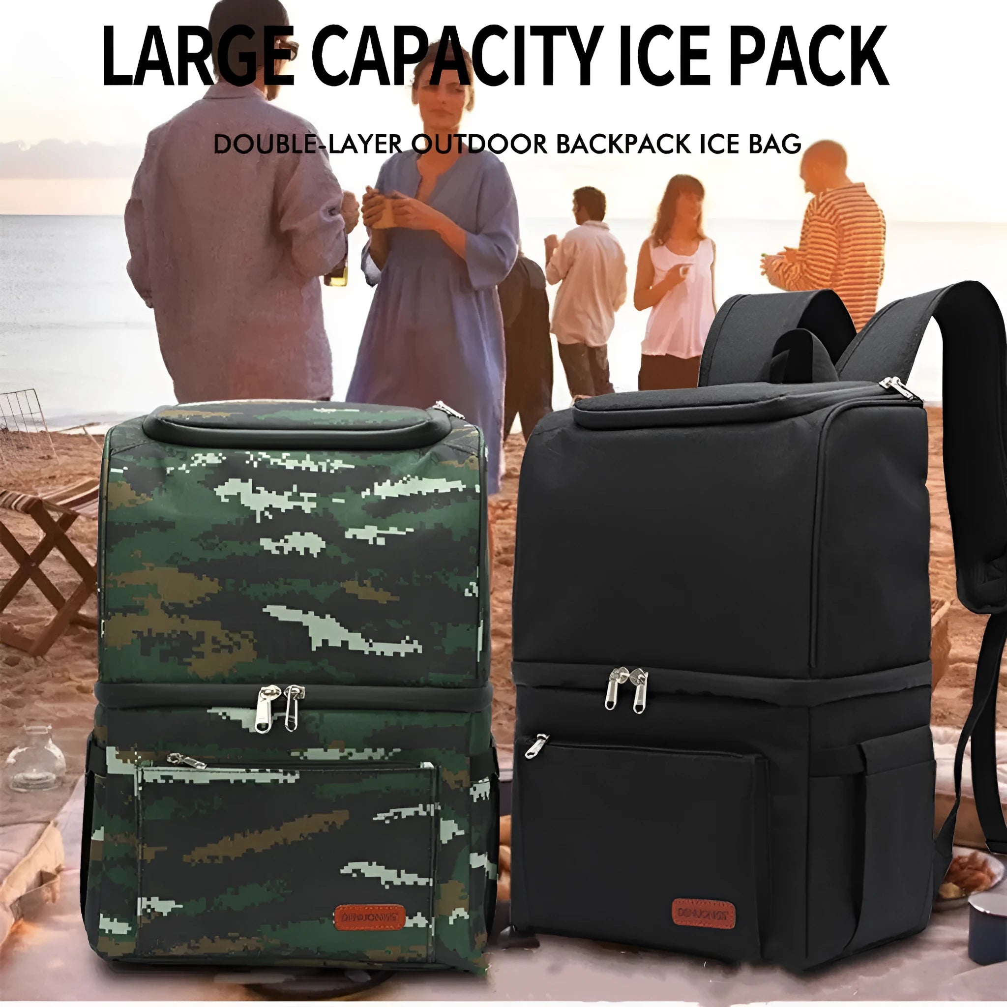 Blue double-layer insulated waterproof backpack cooler with 22 litre capacity shown outdoors.