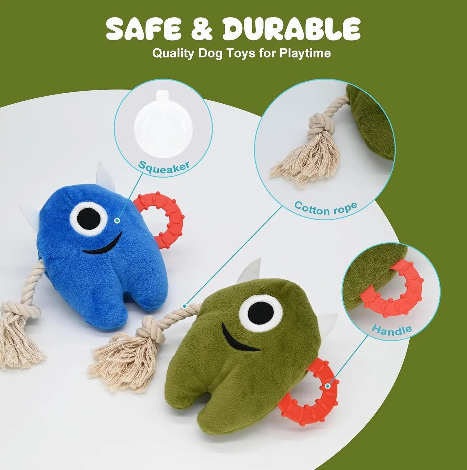 Blue and green monster-themed stuffed plush dog toy with integrated cotton rope and a squeaker.