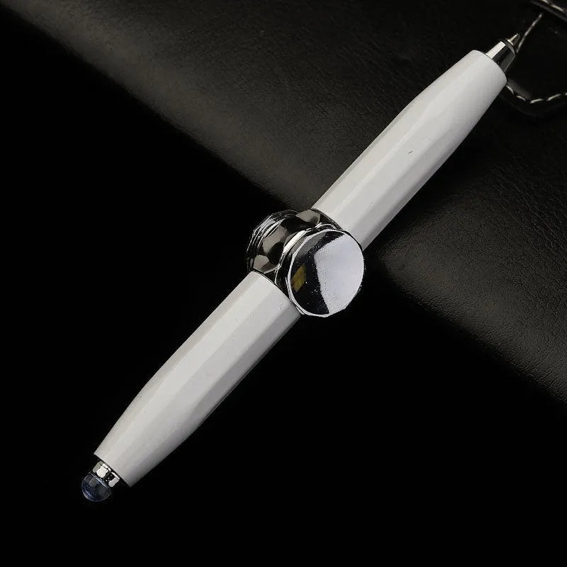Metal ballpoint pen with a built-in fingertip gyro spinner and LED light, shown in multiple ink colour options.