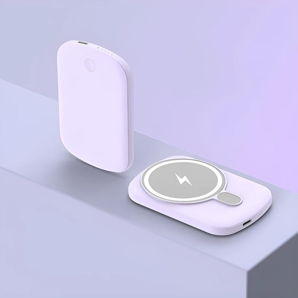 Magsafe magnetic wireless power bank for iPhone in pink, black, white, and purple colour options