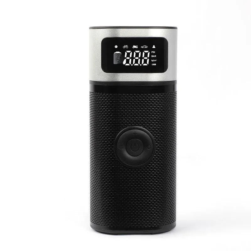 Black portable wireless smart vehicle air pump with USB-C cable and multiple nozzles on a grey background.