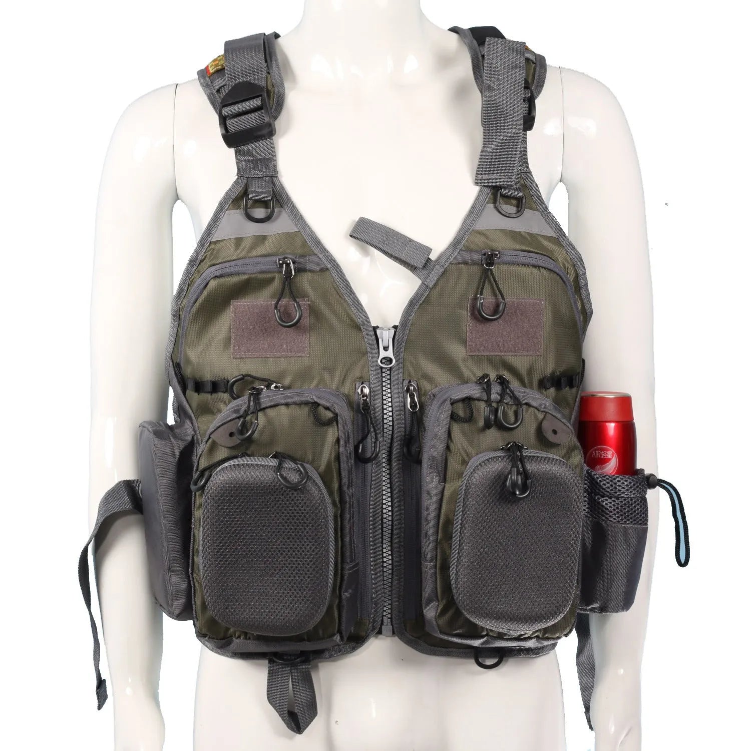 Grey fishing life jacket safety vest with multiple chest pockets and adjustable straps on mannequin