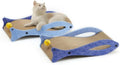 Blue fish-shaped cardboard cat scratcher lounge with dangling ball toys on an elastic cord.