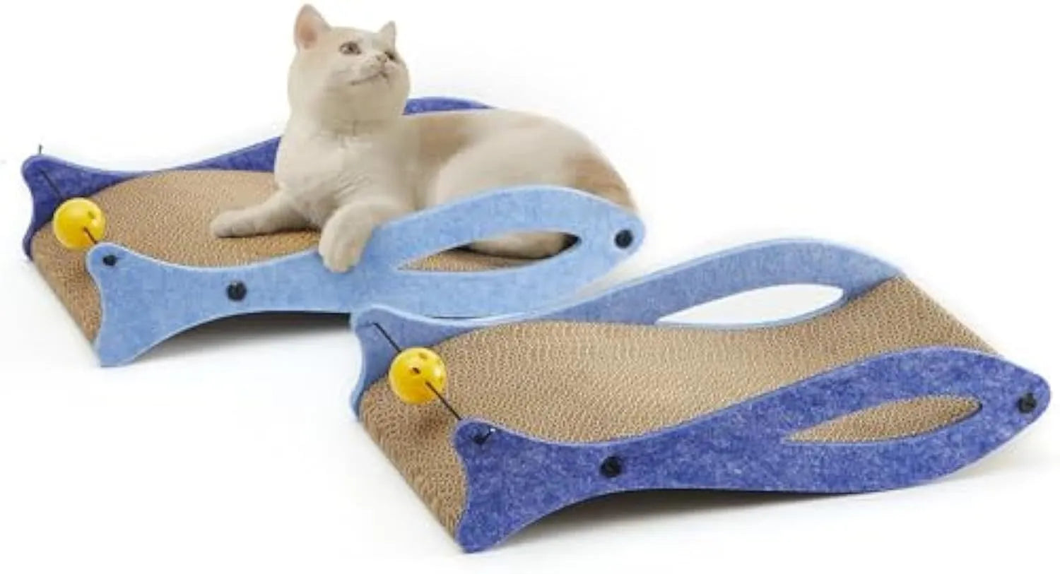 Blue fish-shaped cardboard cat scratcher lounge with dangling ball toys on an elastic cord.