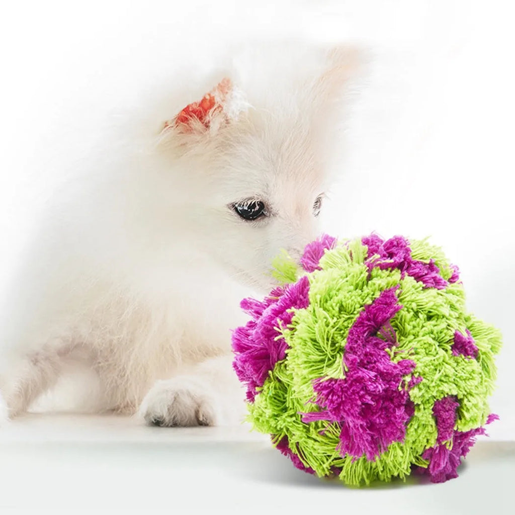 Purple plush dog knot toy seaweed ball for teething puppies, 15 cm diameter
