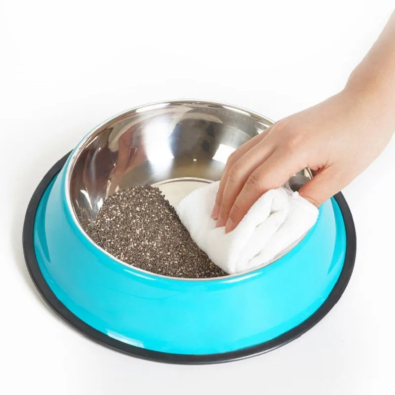 Stainless steel and colourful melamine pet bowl with a non-slip rubber base.