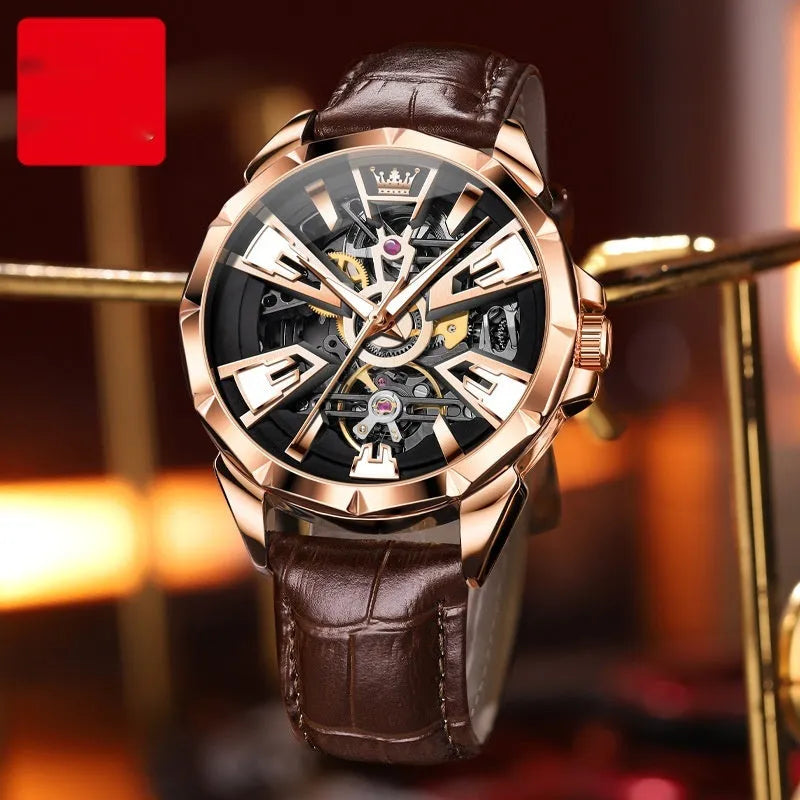 Men's automatic mechanical watch with hollow dial design and brown leather strap