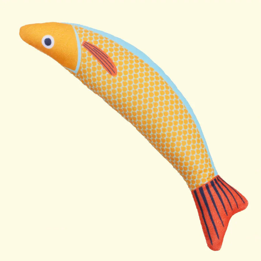 Soft plush fish-shaped cat kicker toy filled with organic catnip in green, orange, and yellow colours.