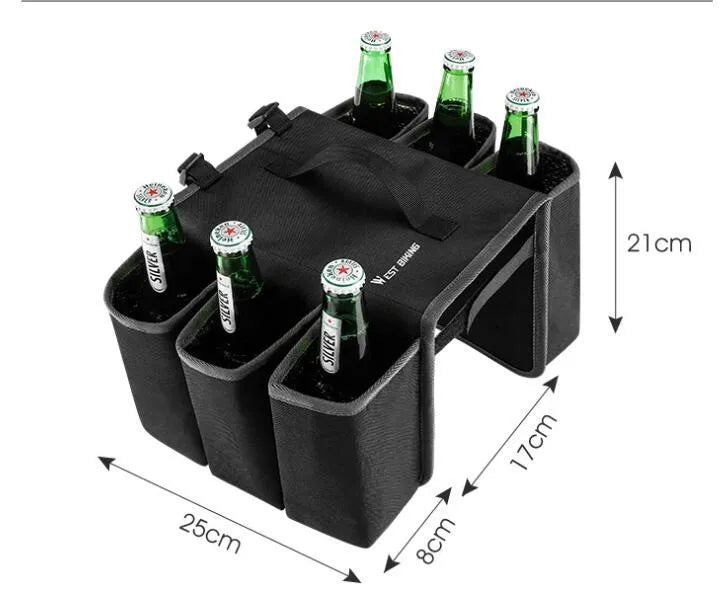 Black and blue orange double-sided bicycle drink bag with 2 litre capacity mounted on a bike frame