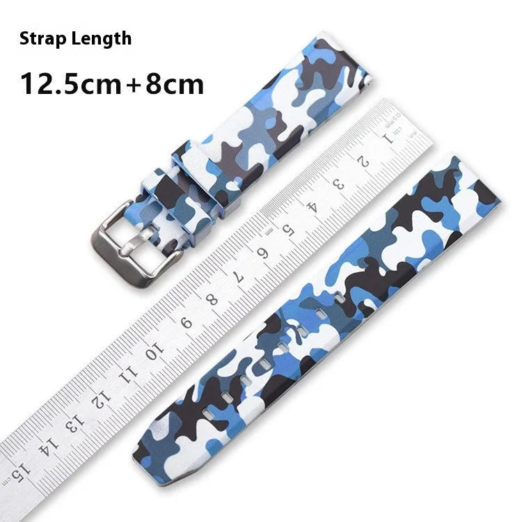 Camouflage silicone watch strap in green, blue, and grey patterns showing flat head design and three width options