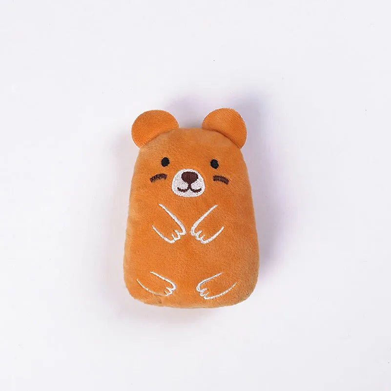 Small brown plush cat toy with catnip filling and squeaker for chewing and interactive play