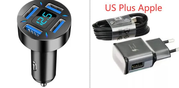 Four-port USB car charger with digital display for vehicle use