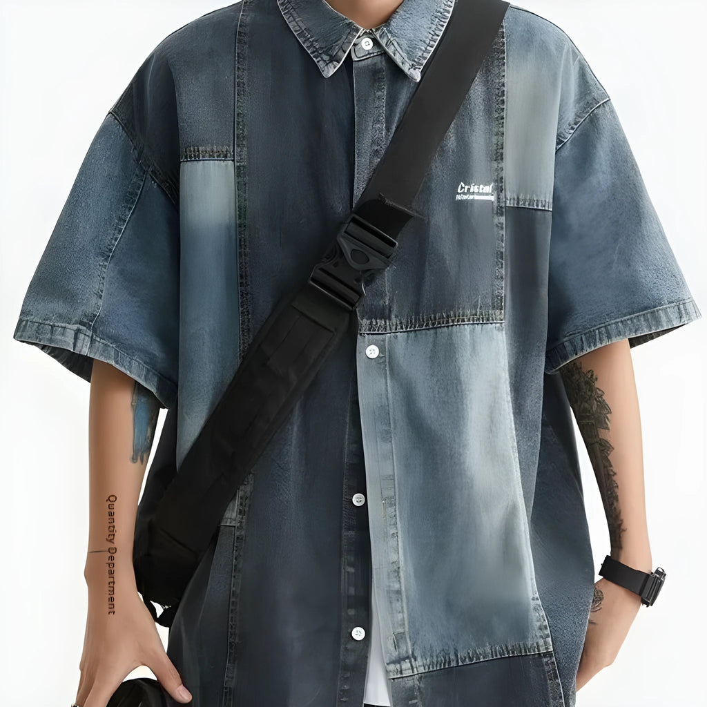 Blue Japanese-style loose-fit denim shirt for men with washed stitching detail.
