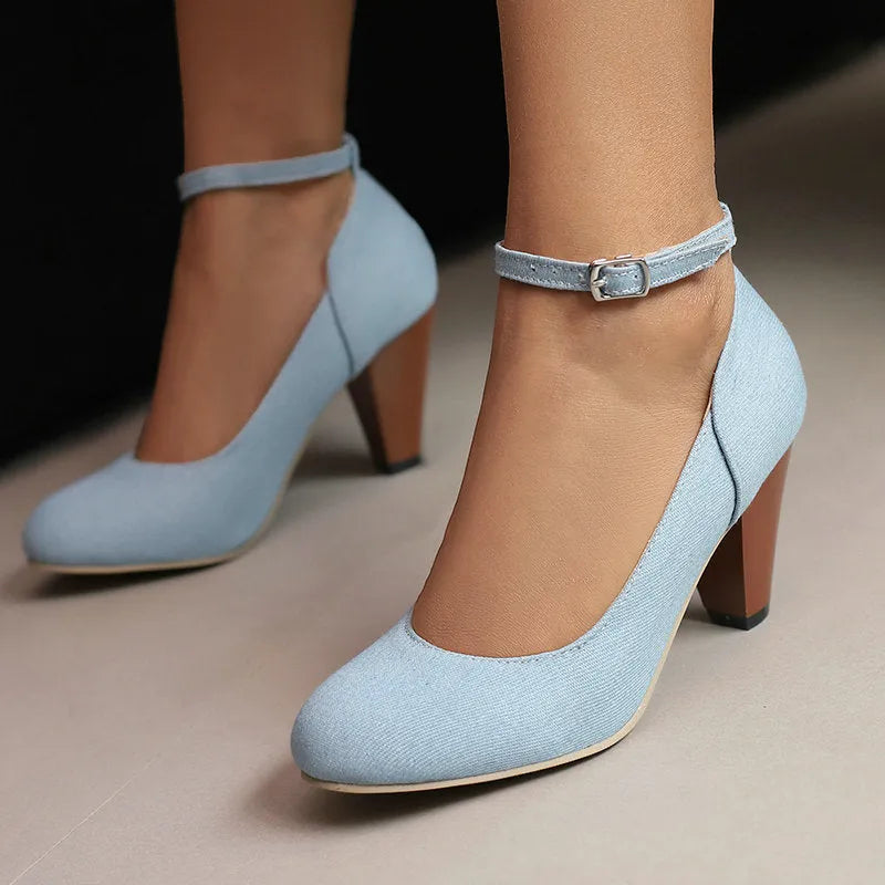 Blue denim women's high heel shoes with a buckle strap and thick waterproof platform sole.