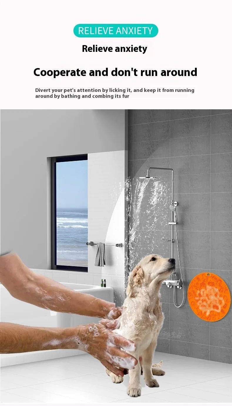 Round blue silicone pet licking mat with suction cup and textured surface for slow feeding.
