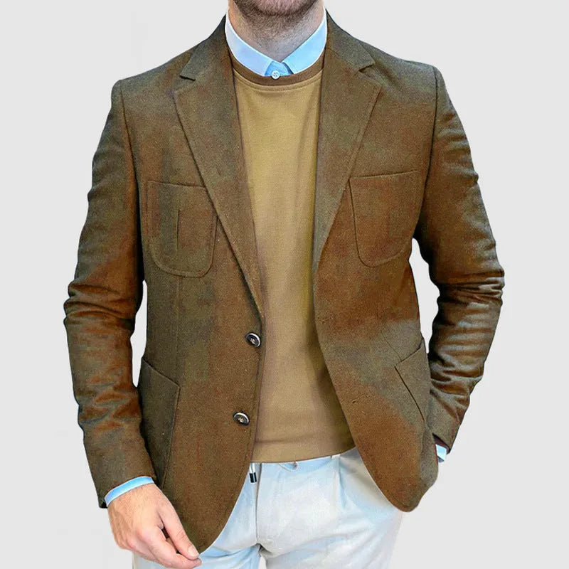 Men's loose retro cotton suit jacket in army green colour with two-tone buttons.