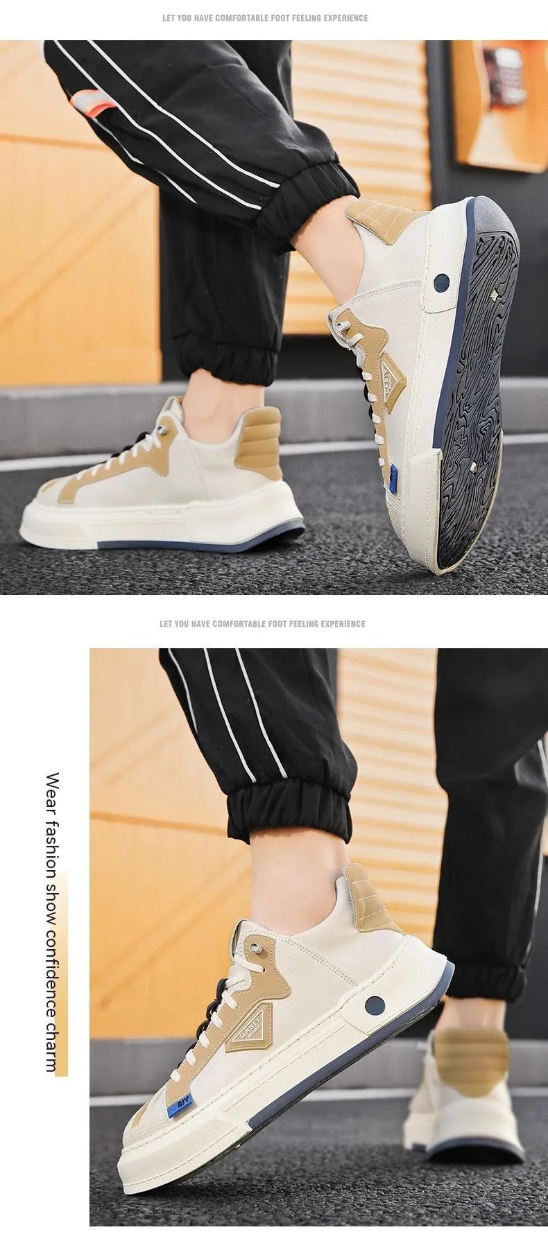 Men's beige low-top casual sneakers with elastic band and round toe, showing leather stitching detail.