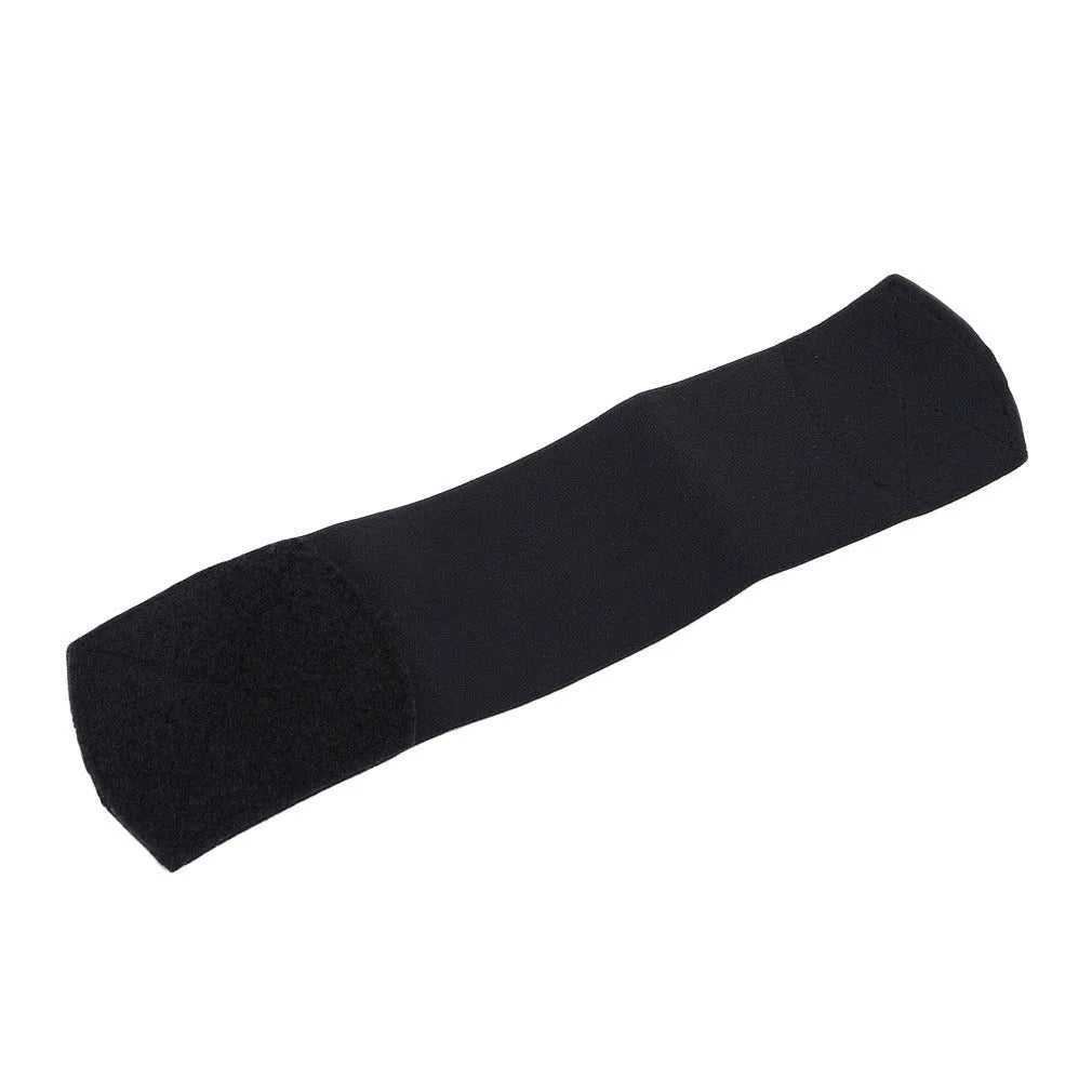 Red rubber elastic strap for securing football shin guards, shown flat measuring 25cm long.