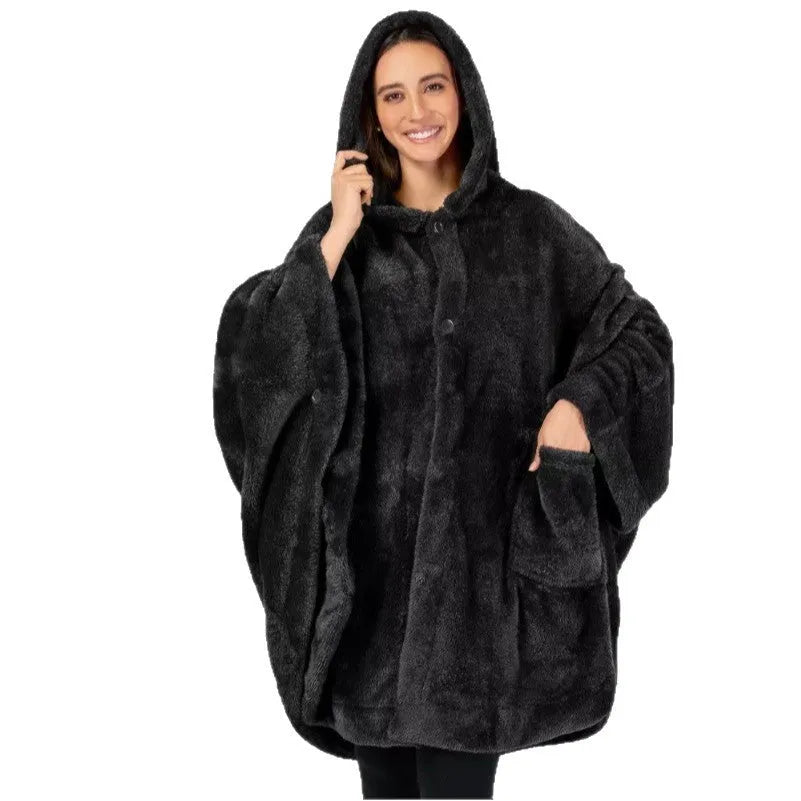 Thickened hooded cloak bathrobe in polyester fabric shown in three colour options: black, dark grey and pink