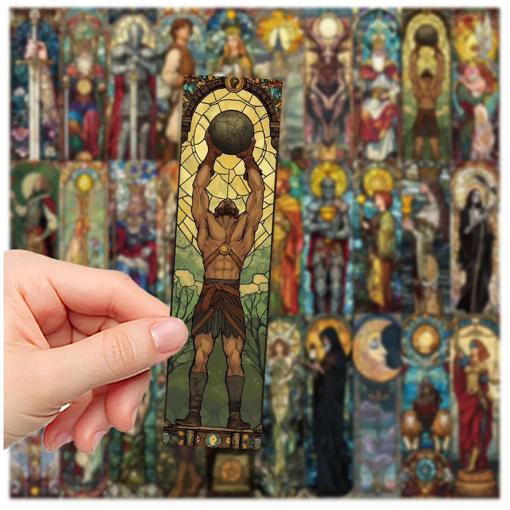 Set of 30 tarot card bookmarks with painted glass artwork designs on paper