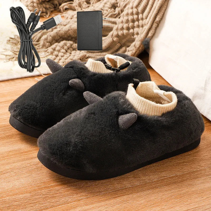 Plush velvet USB heating slippers with a USB cable and power converter, shown in taro purple colour.