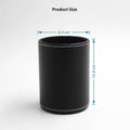 Small round black leather pen container showing dimensions
