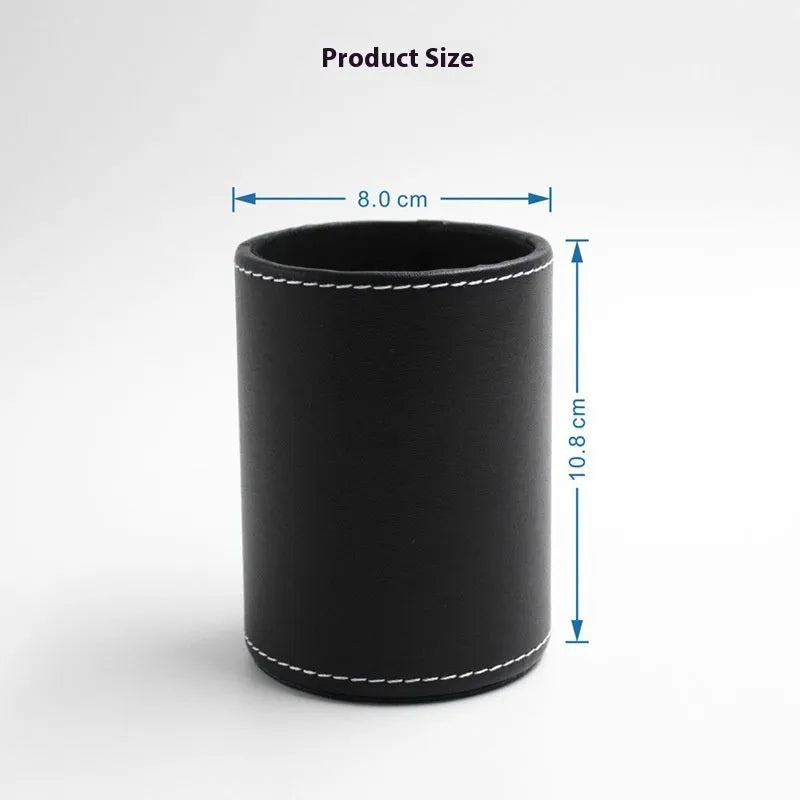 Small round black leather pen container showing dimensions