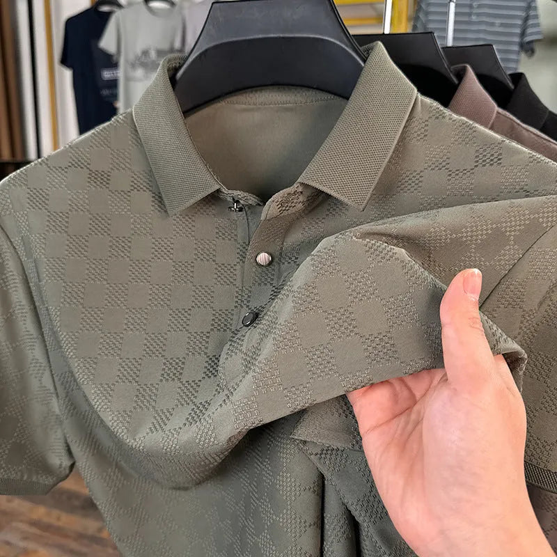 Men's black thin ice silk T-shirt with a rhombus pattern and slit detail on the front.