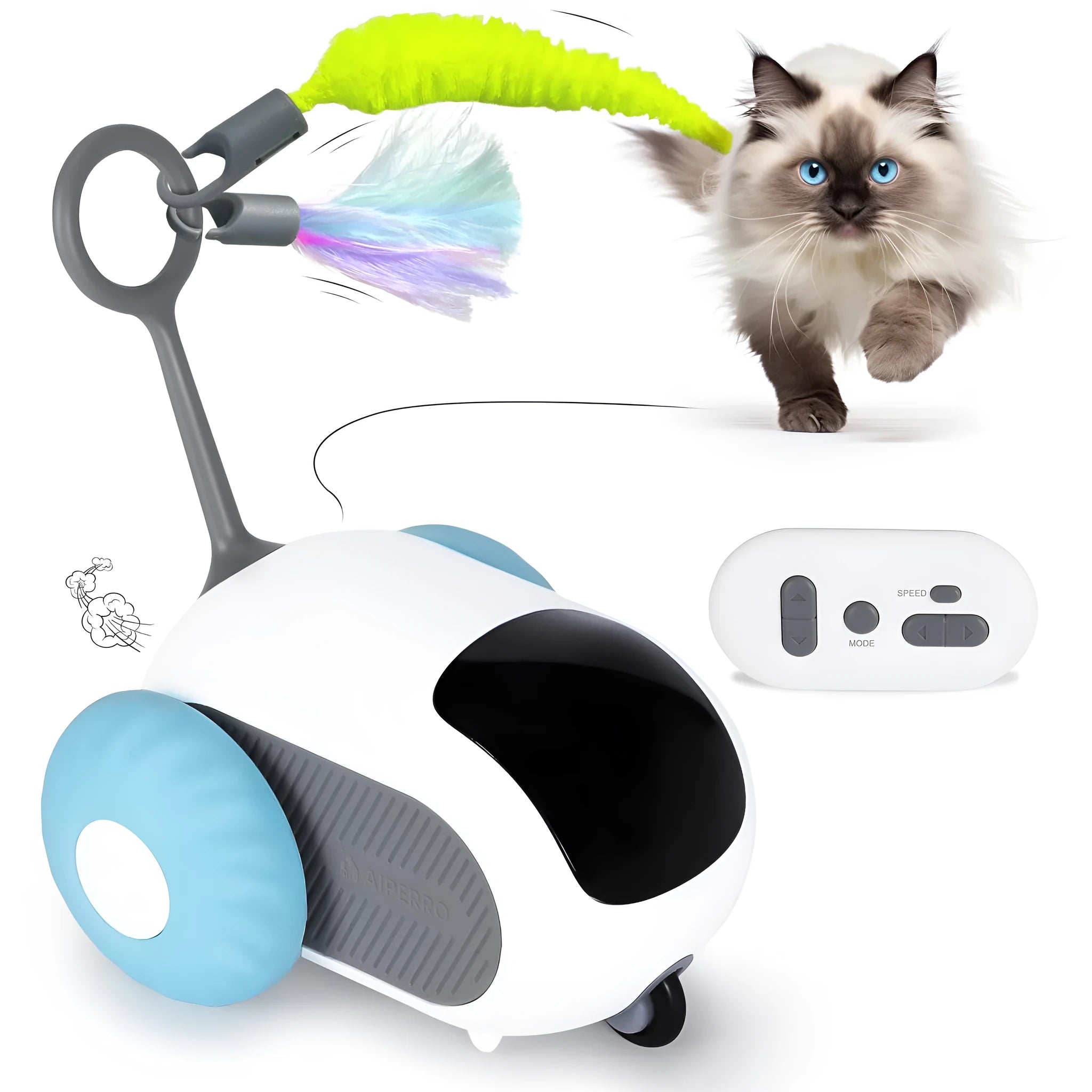 Smart interactive cat toy car with remote control and feather teaser attachment in blue colour