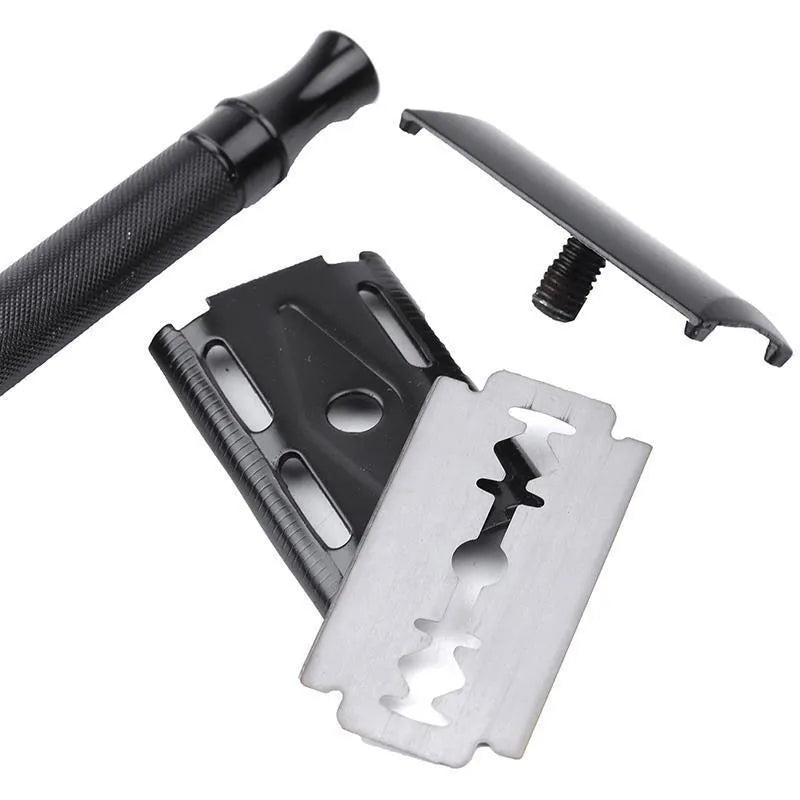 Traditional manual pogonotomy metal razor with brush in black or silver finish