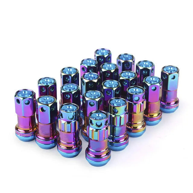 Set of forged aluminium alloy wheel hub nuts in various colours showing M12 thread.