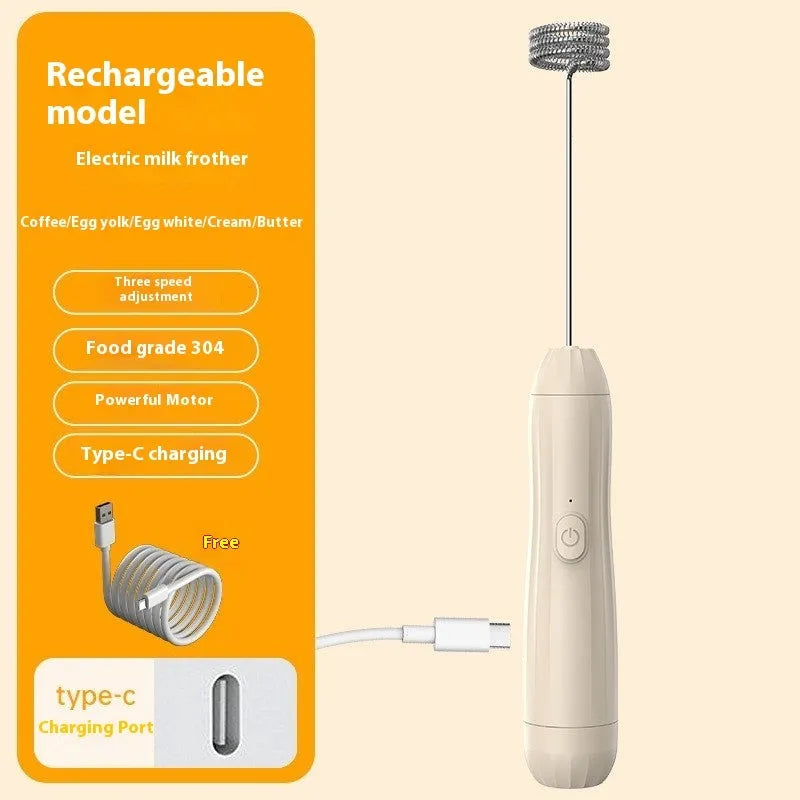 USB rechargeable handheld electric milk frother in black, white and khaki colours