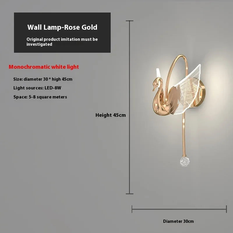 Gold minimalist swan wall lamp with iron construction and acrylic shade for bedside lighting