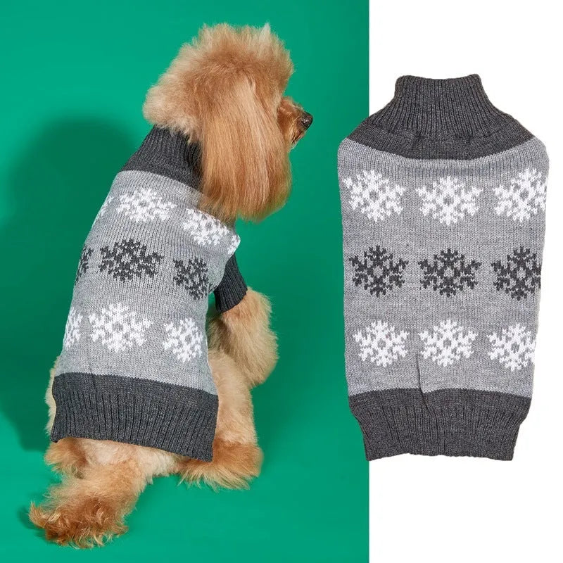 Grey and dark brown acrylic knit Christmas sweater for a dog on a festive background.