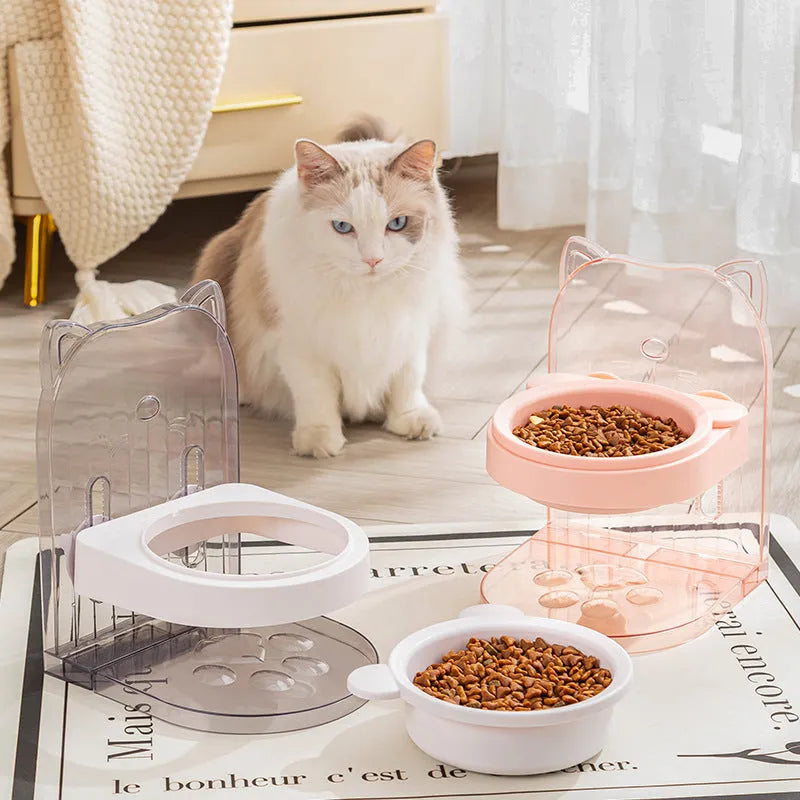 Adjustable height cat bowl with cat ear design in grey or pink, featuring anti-spill fixed hanging body for cages
