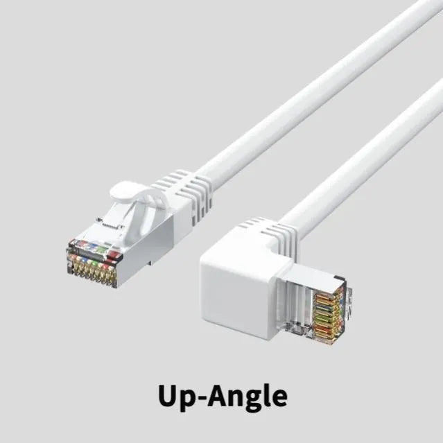 Right-angle Cat6 Ethernet cable with RJ45 connector in various colour options