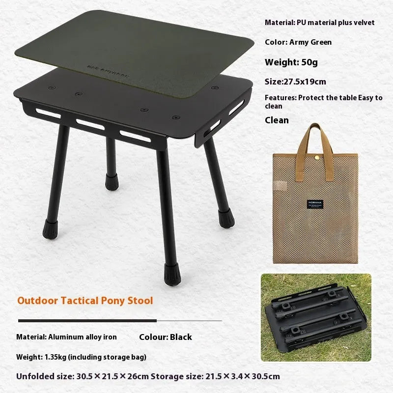 CLS aluminium folding camping stool shown in beige, extended as a table and folded with its storage bag.