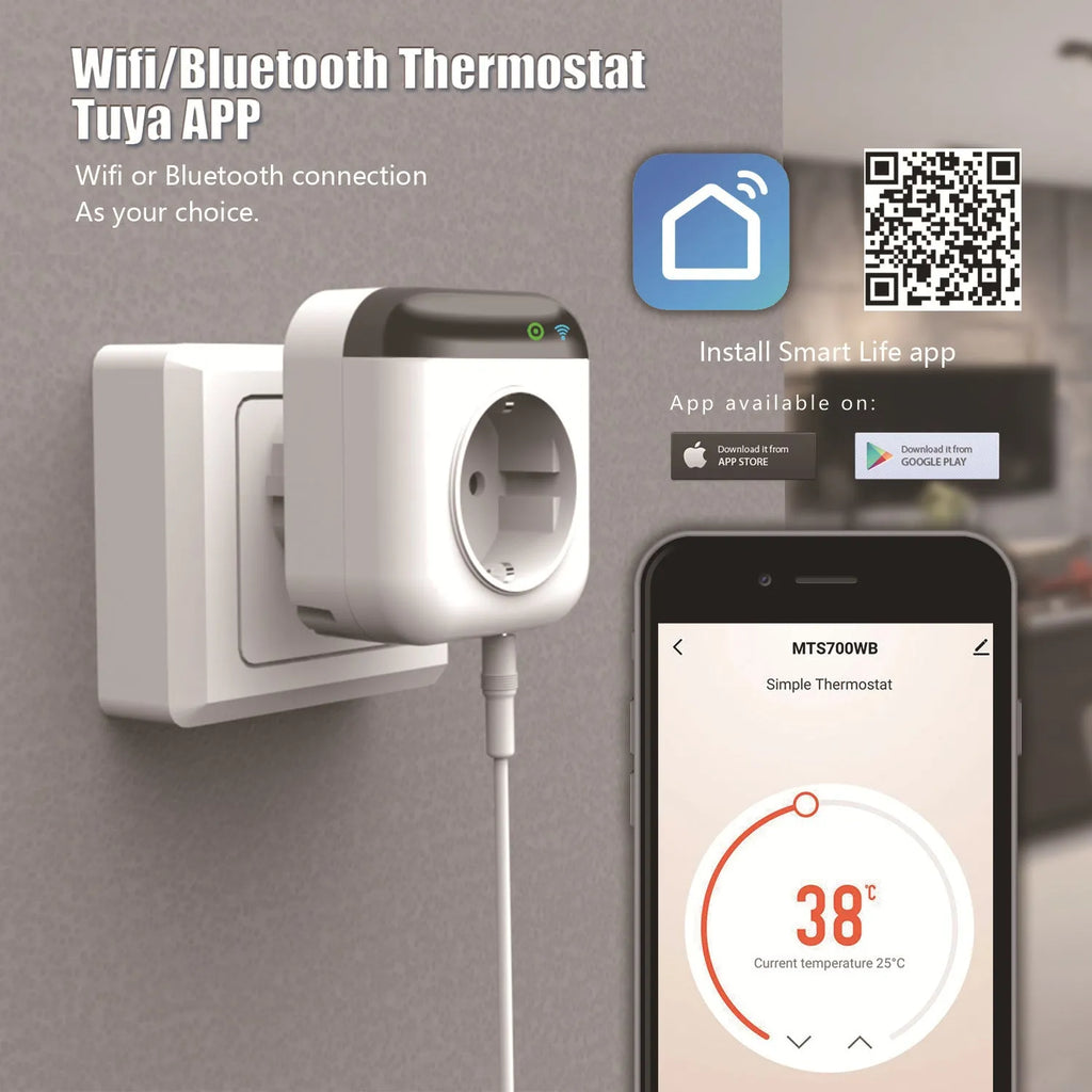 White Tuya wifi smart plug with temperature sensor probe and US 3-prong outlet.