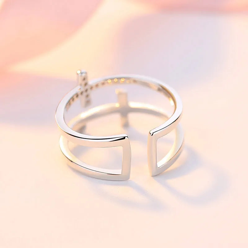 Adjustable copper open ring with zircon stones set in sterling silver inlay, white gold electroplated finish