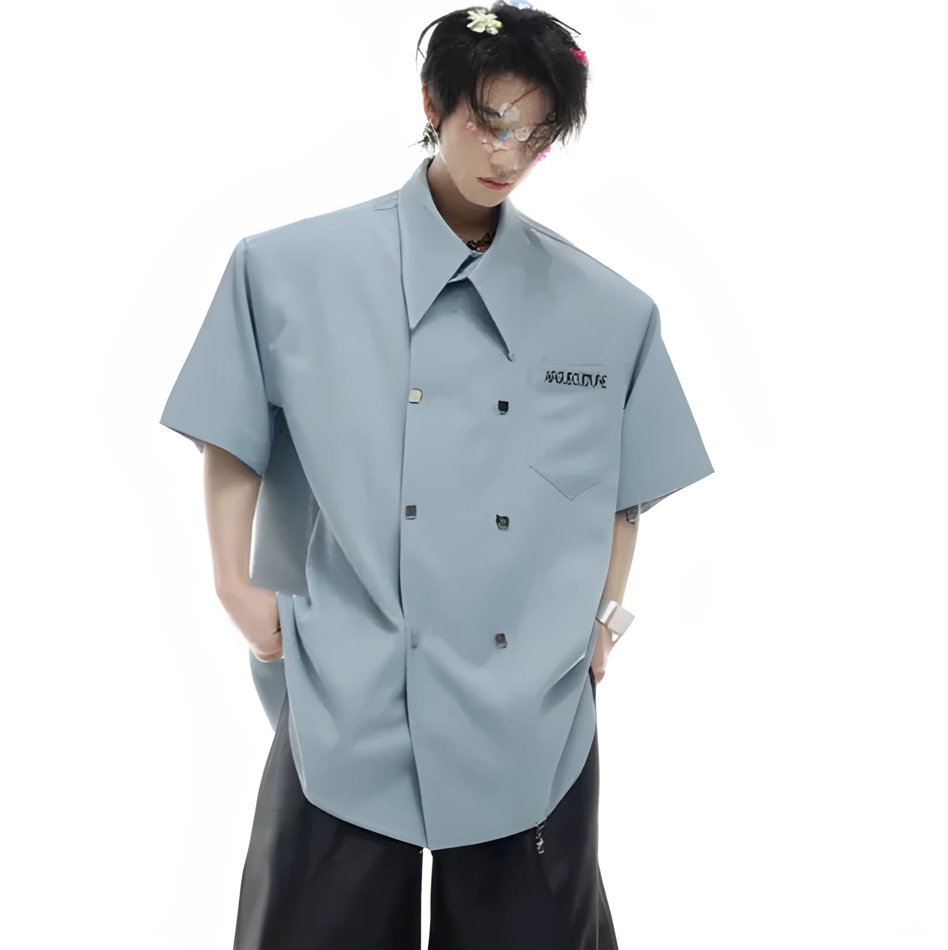 Men's loose-fit casual summer shirt with spliced design details and lapel collar