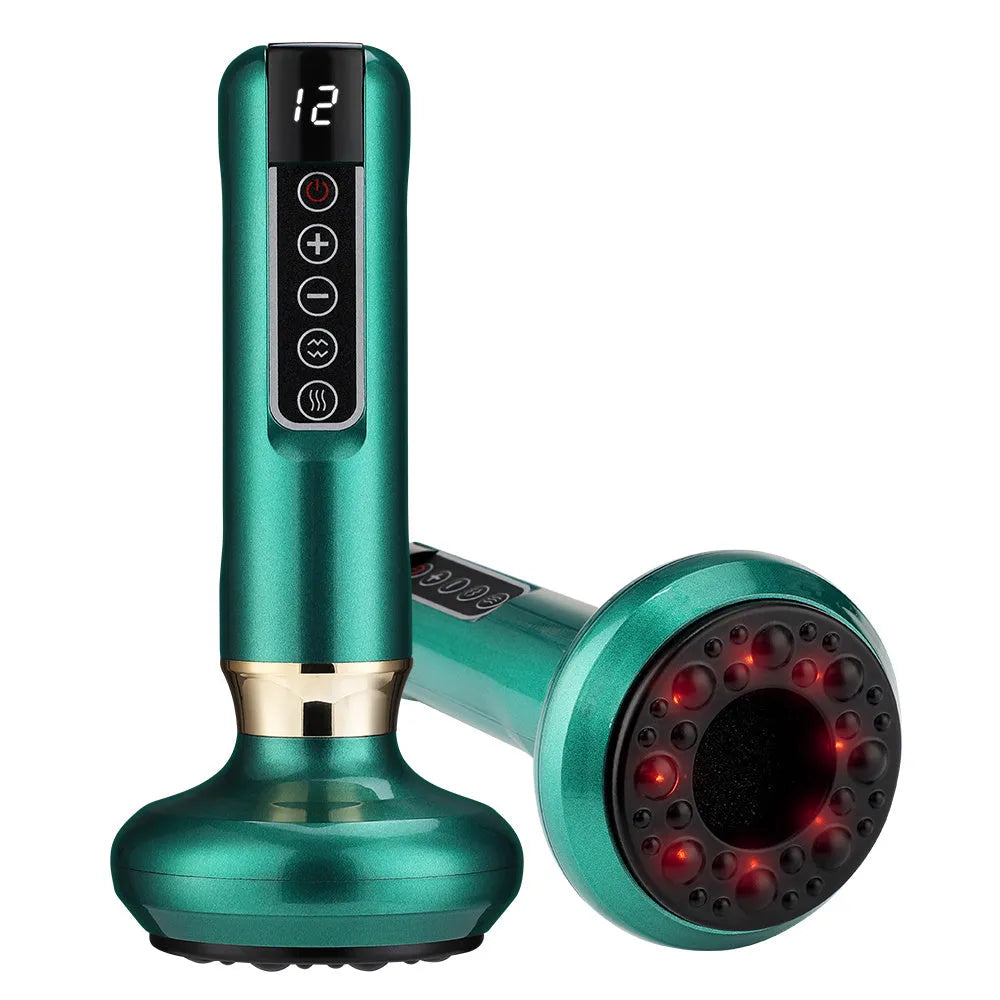 Green electric vacuum cupping massager device with suction cups and USB charger.