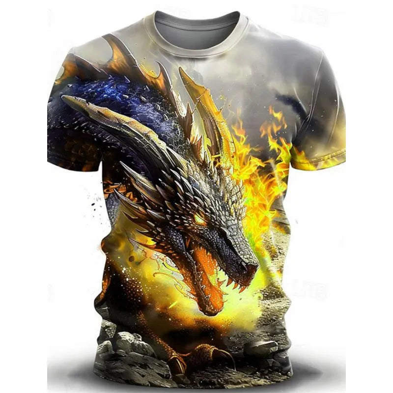 Men's grey T-shirt with a detailed 3D wind dragon graphic print on the chest.