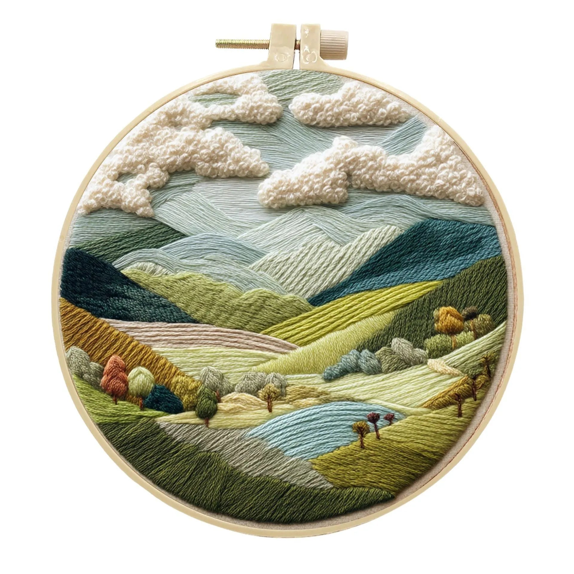 Landscape embroidery DIY kit with cotton linen fabric, 15cm imitation bamboo frame, and embroidery tools