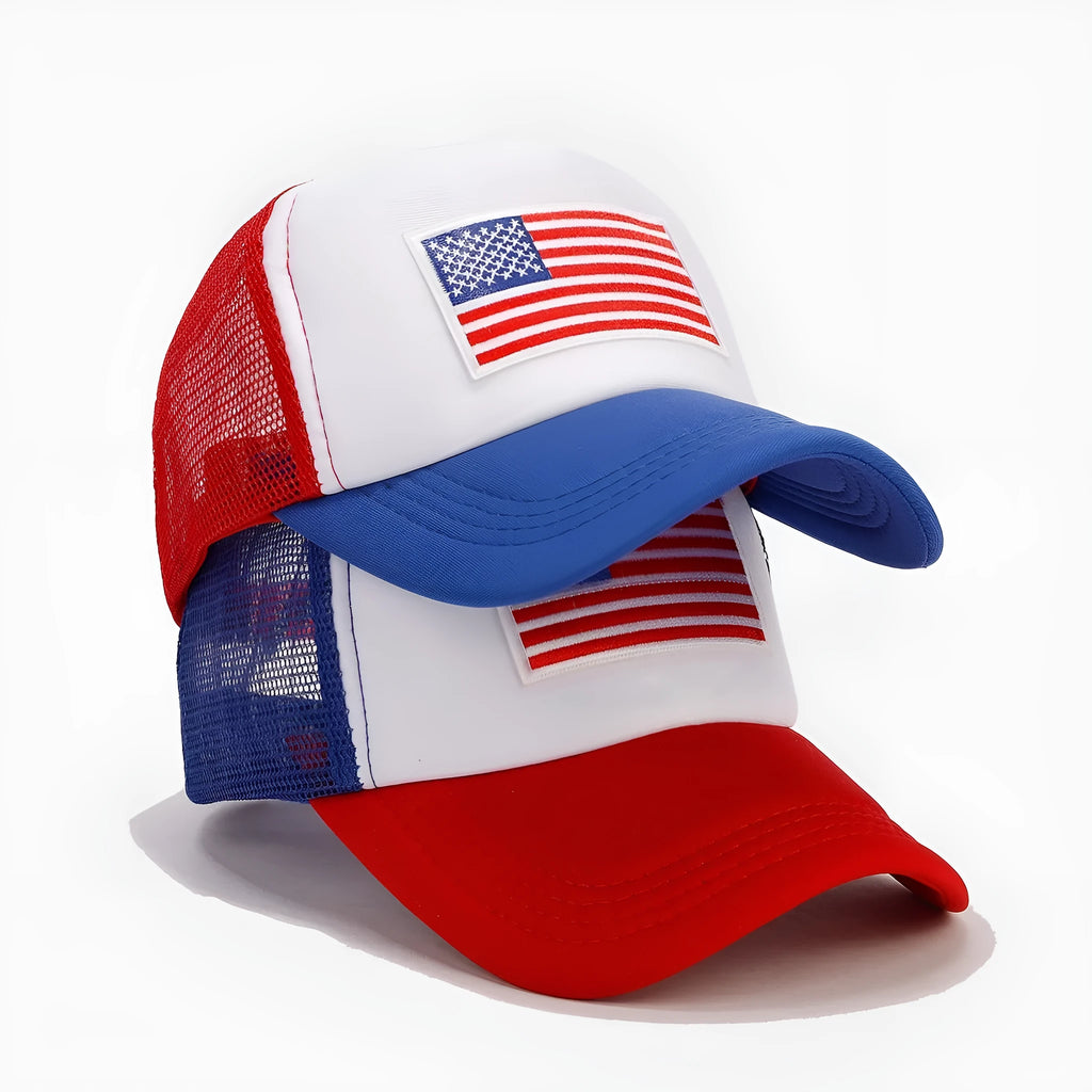 Red and blue contrast adjustable baseball cap with dome crown and mesh fabric