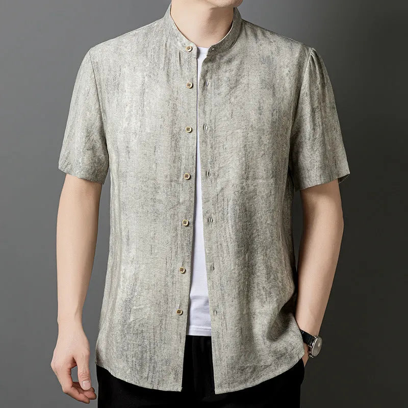 Men's loose fit linen shirt with stand collar in solid grey colour, cardigan style casual top