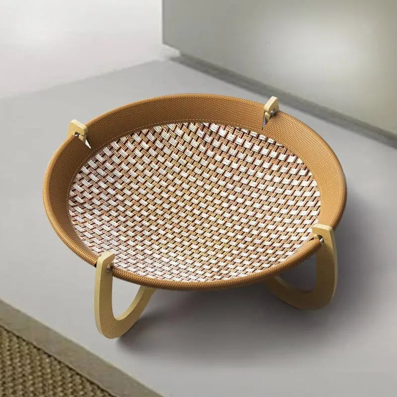 Brown woven rattan pet hammock bed measuring 46cm square with 17.5cm height