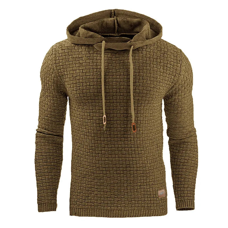 Men's black cotton-polyester blend hooded sweatshirt on a hanger.
